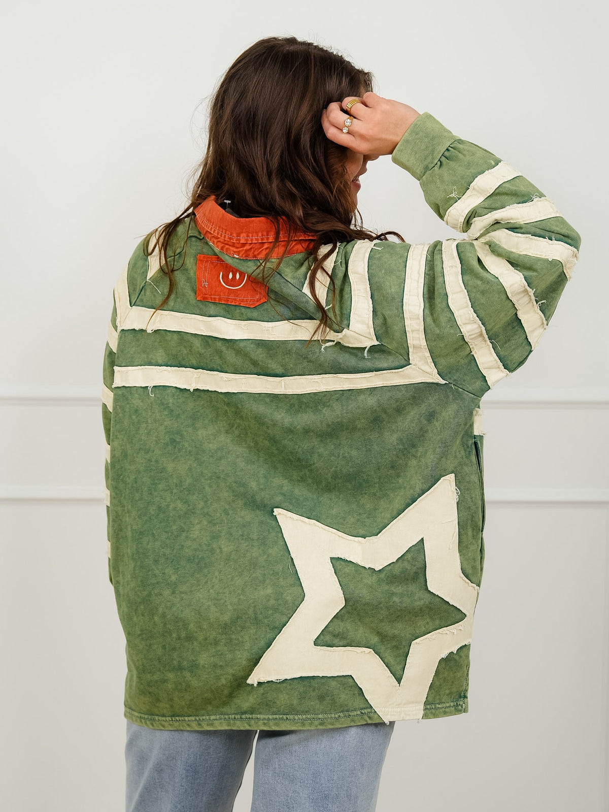Star Pattern Long Sleeve Collared Top with Side Pockets