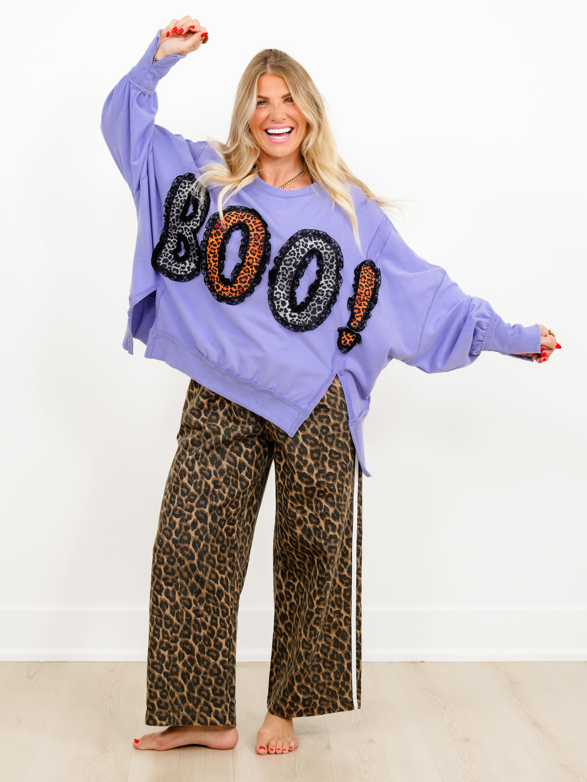 Leopard Print "Boo" Patch with Lace Detail Long Sleeve Sweatshirt