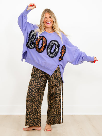 Leopard Print "Boo" Patch with Lace Detail Long Sleeve Sweatshirt