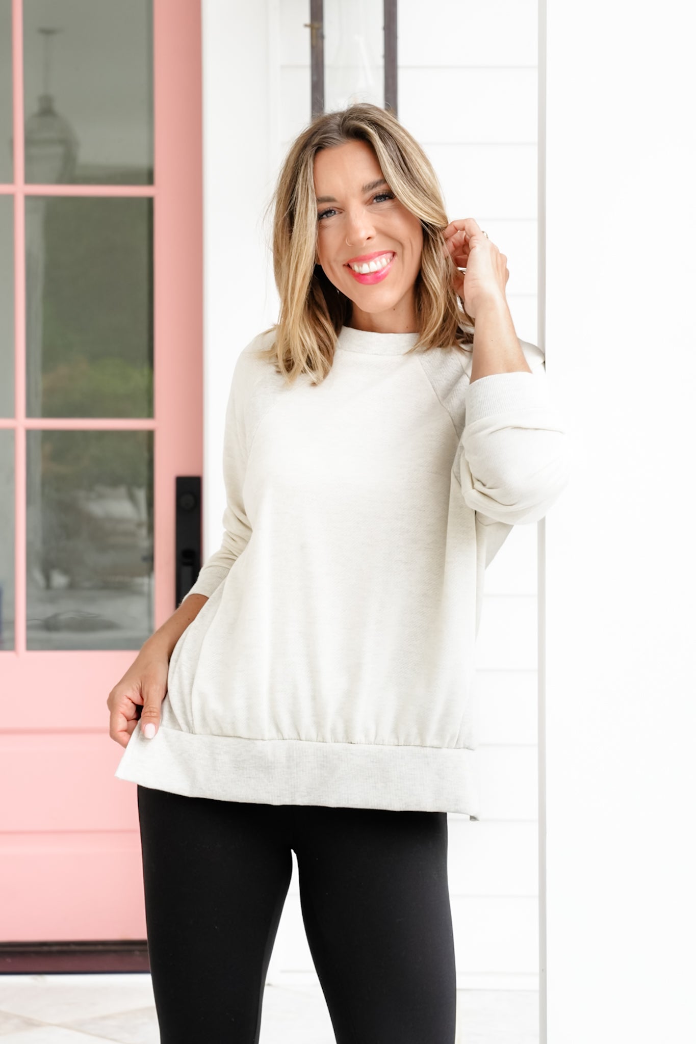 Plus/Reg Long Sleeve Pullover Top With Ribbed Contrast
