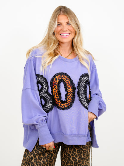 Leopard Print "Boo" Patch with Lace Detail Long Sleeve Sweatshirt
