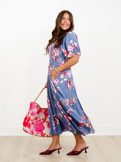 Floral Print Short Sleeve Square Neck Maxi Dress - Freckled Poppy