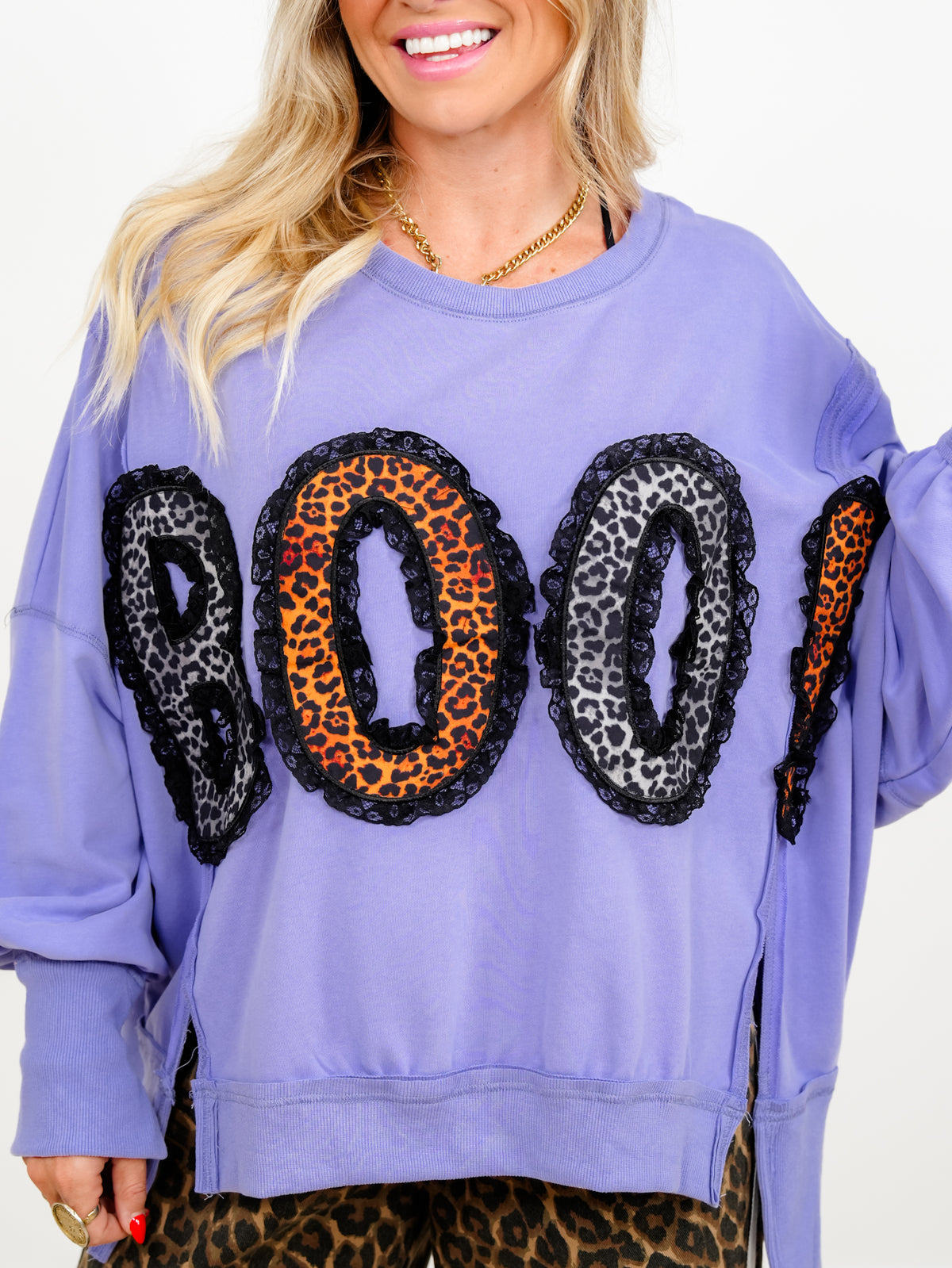 Leopard Print "Boo" Patch with Lace Detail Long Sleeve Sweatshirt