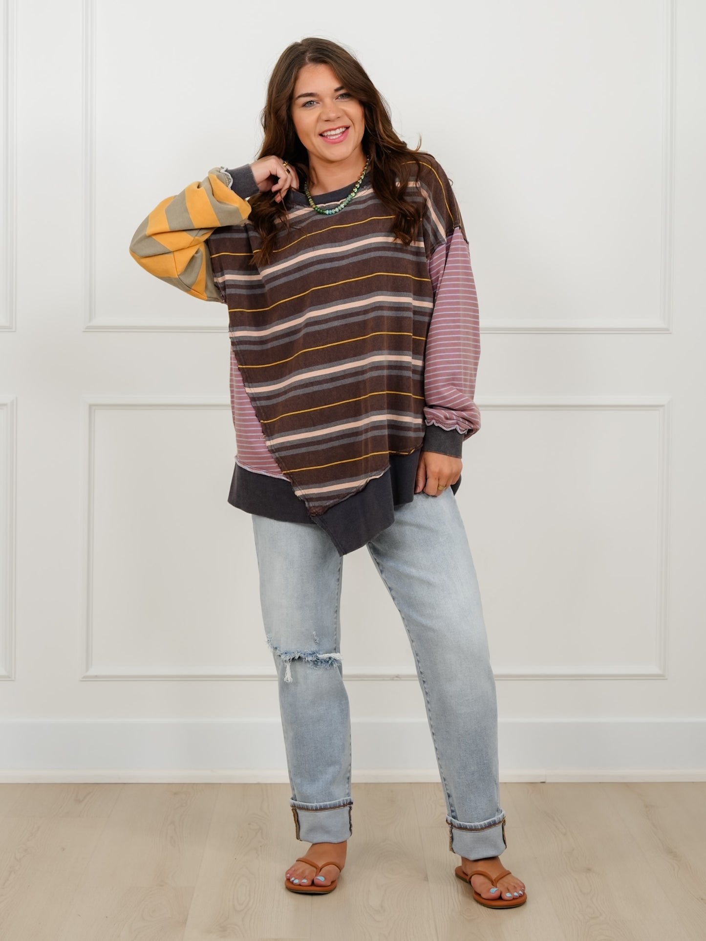 Multi Color Stripe Long Sleeve Top with Side Pockets