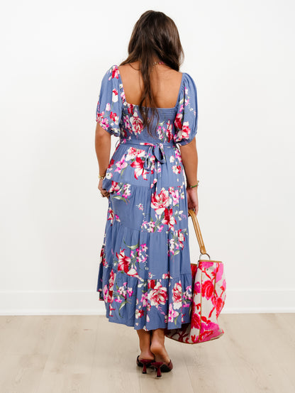 Floral Print Short Sleeve Square Neck Maxi Dress - Freckled Poppy