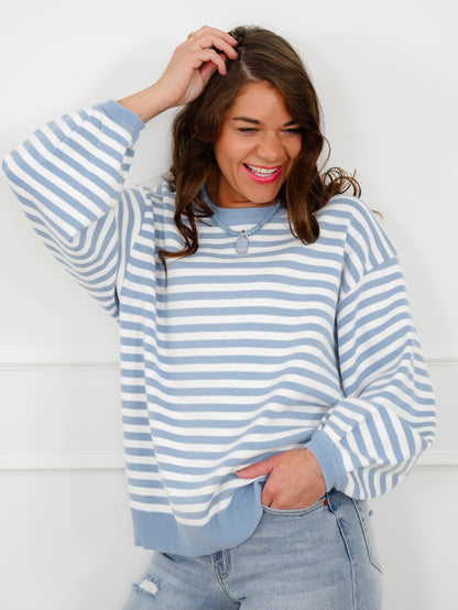 Plus/Reg Blue Stripe Long Sleeve Pullover Sweater