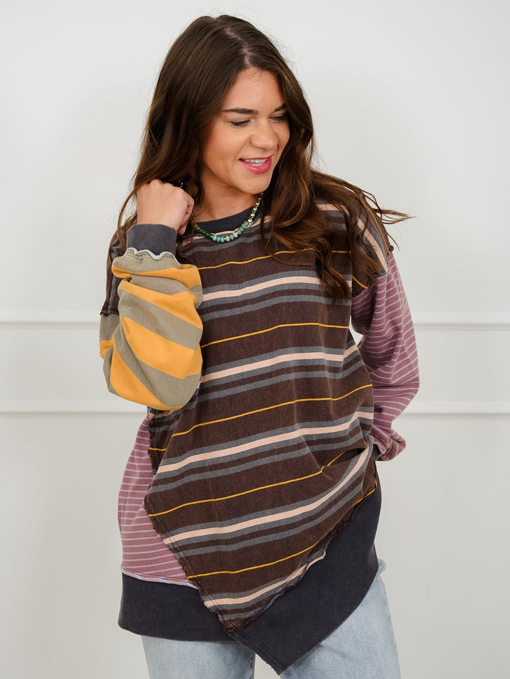 Multi Color Stripe Long Sleeve Top with Side Pockets - Freckled Poppy