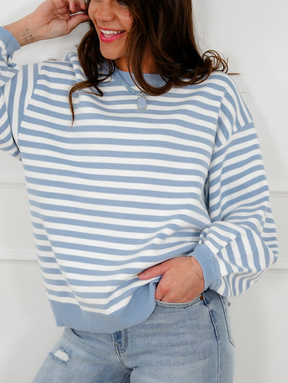 Plus/Reg Blue Stripe Long Sleeve Pullover Sweater