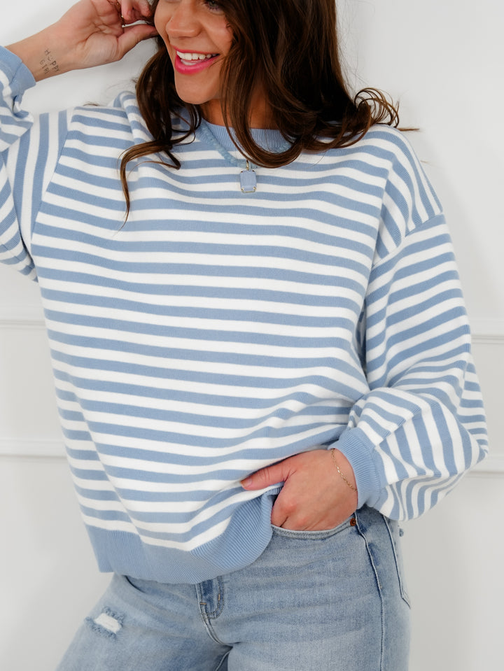 Plus/Reg Blue Stripe Long Sleeve Pullover Sweater