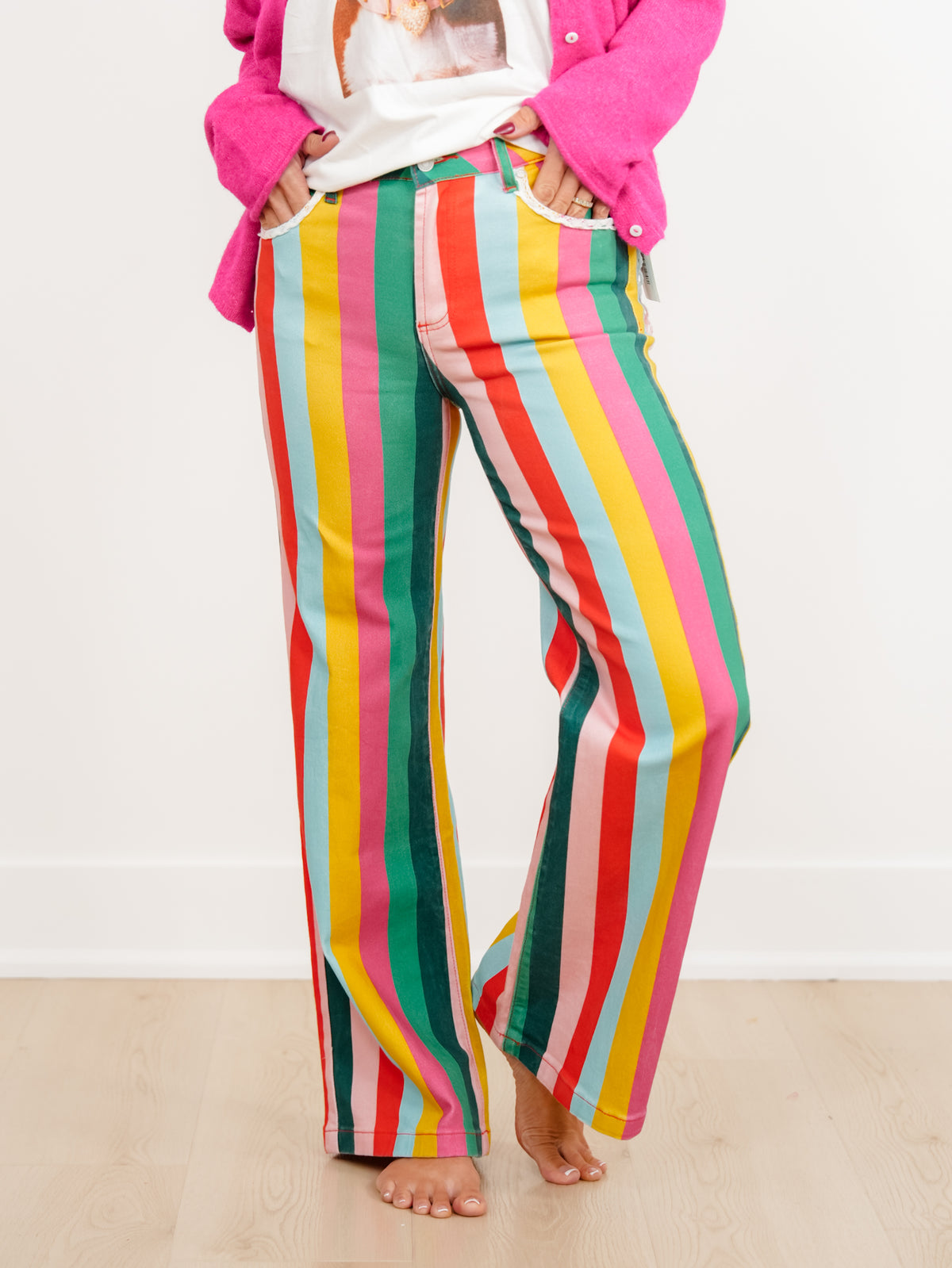 POPPY & PINE Vertical Stripe Pants with Lace Trim