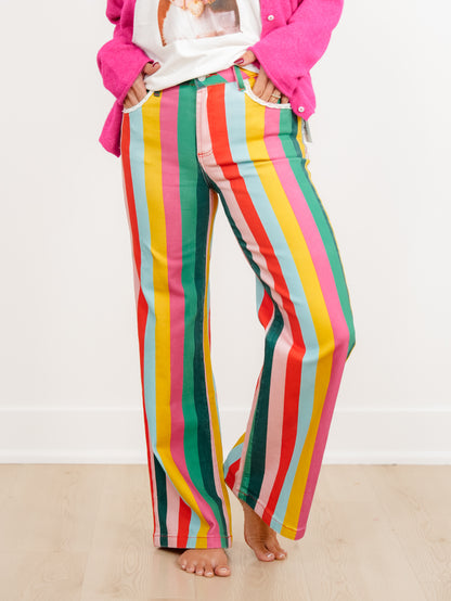 POPPY & PINE Vertical Stripe Pants with Lace Trim