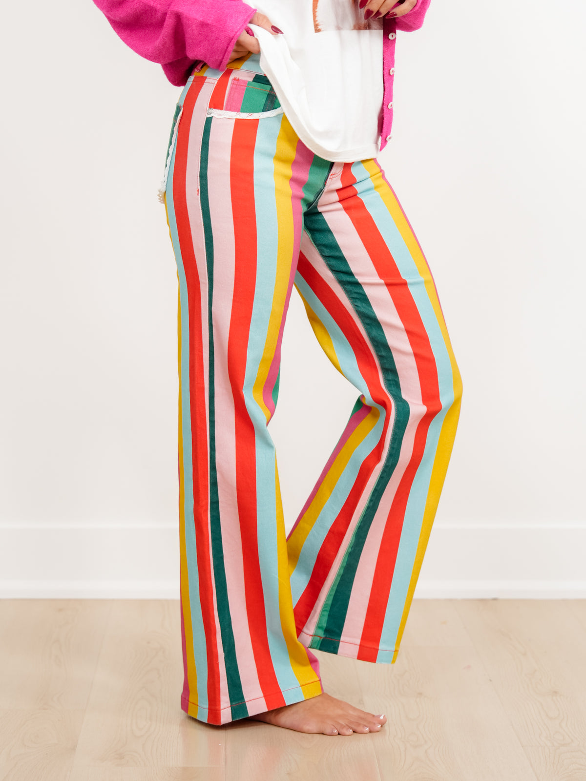 POPPY & PINE Vertical Stripe Pants with Lace Trim