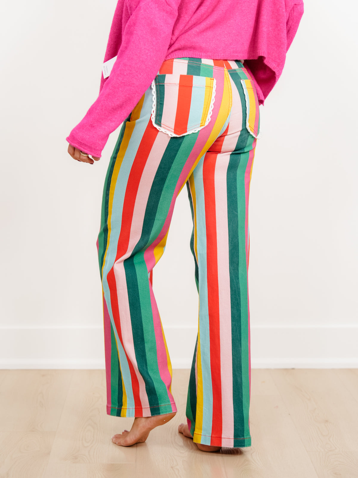 POPPY & PINE Vertical Stripe Pants with Lace Trim