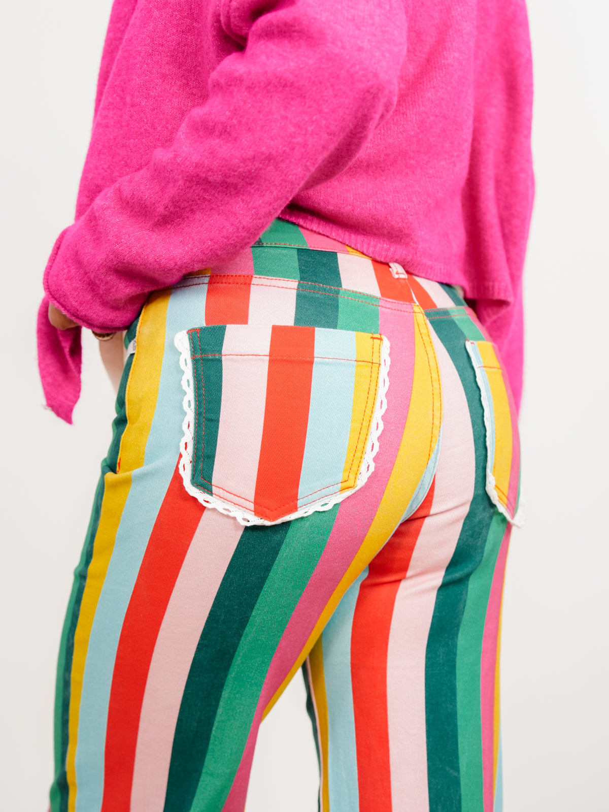 POPPY & PINE Vertical Stripe Pants with Lace Trim
