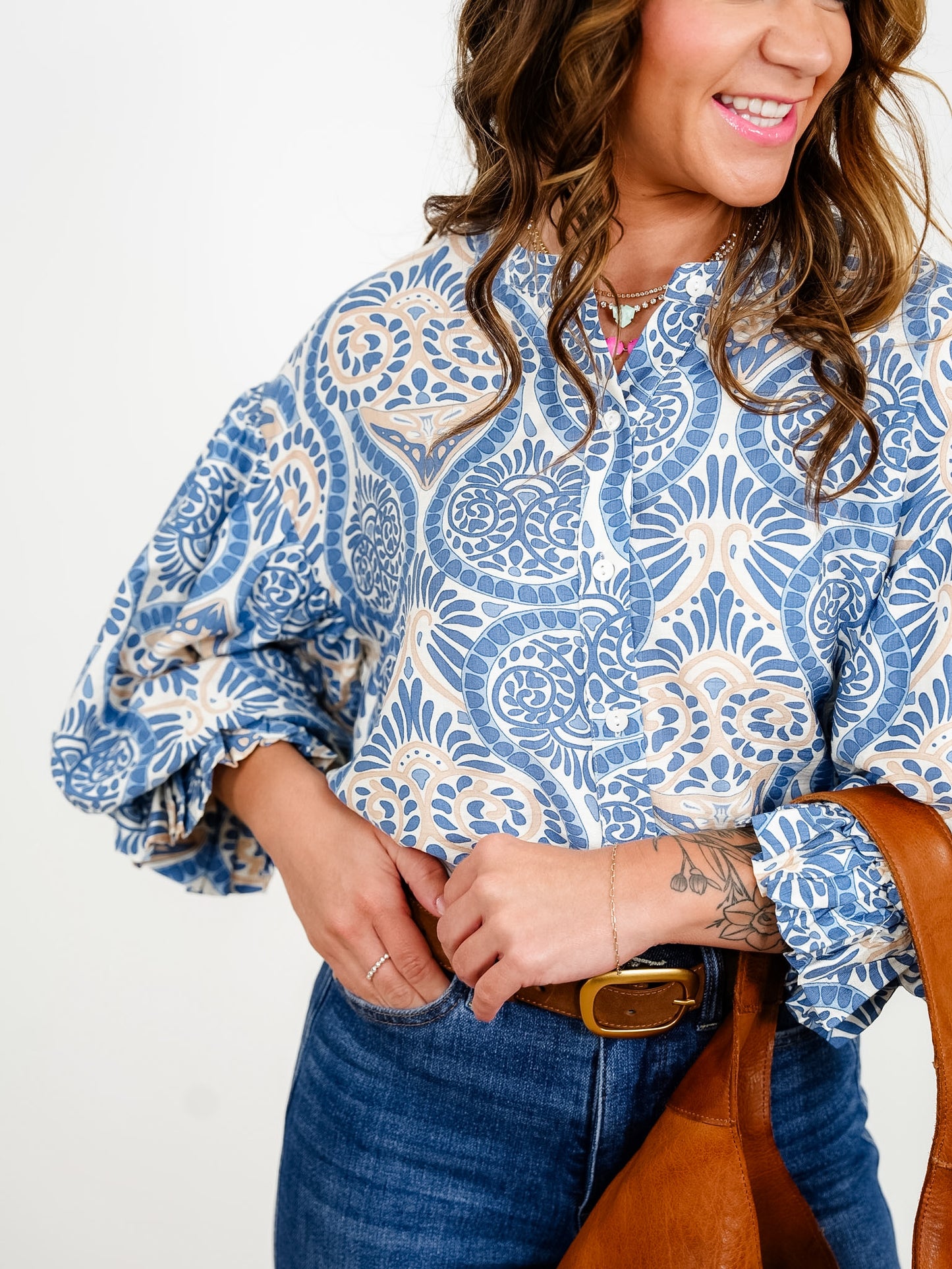 Jacquard Print Balloon Sleeve Button Down Top