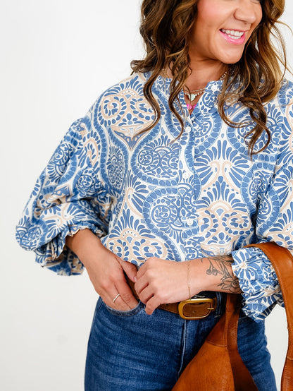 Jacquard Print Balloon Sleeve Button Down Top