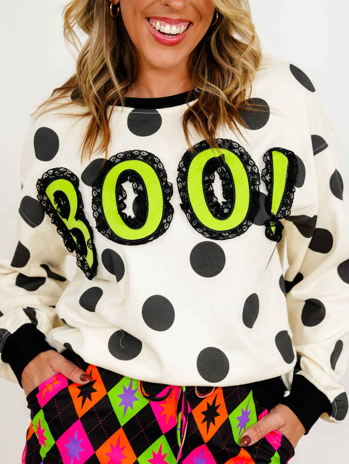 Lace Trim "Boo" Polka Dot Long Sleeve Sweatshirt - Freckled Poppy