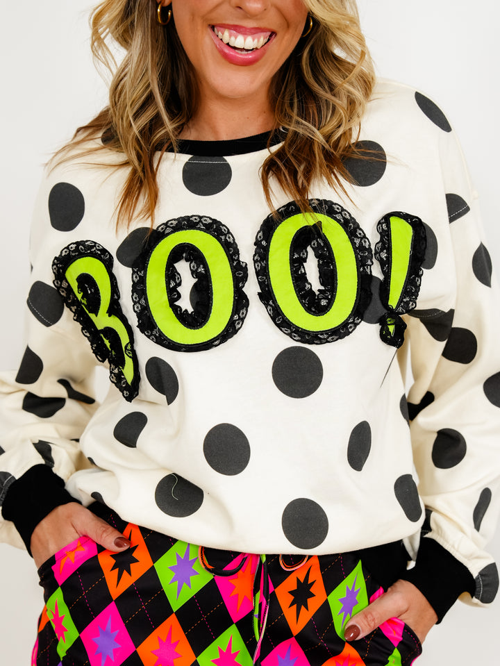 Lace Trim "Boo" Polka Dot Long Sleeve Sweatshirt - Freckled Poppy