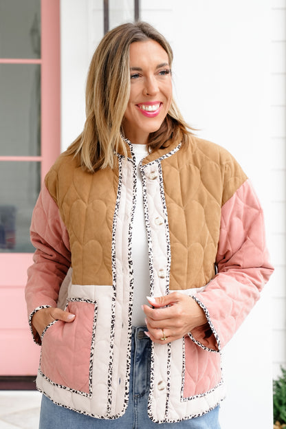 Quilted Color Block Long Sleeve Button Down Jacket