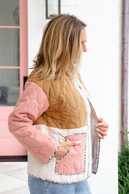 Quilted Color Block Long Sleeve Button Down Jacket