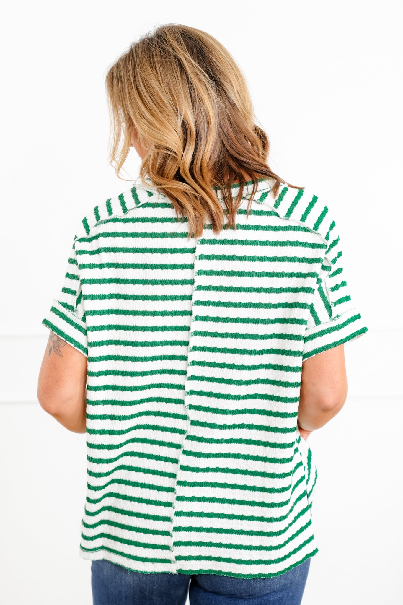 Door Buster! Plus/Reg Zenana Stripe Jacquard Round-Neck Box Tee
