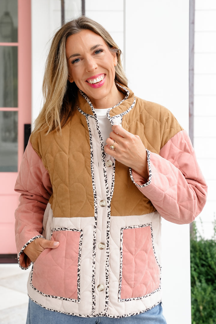 Quilted Color Block Long Sleeve Button Down Jacket
