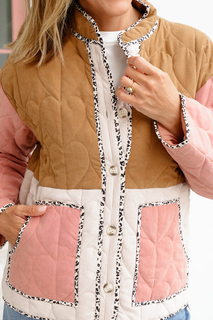 Quilted Color Block Long Sleeve Button Down Jacket