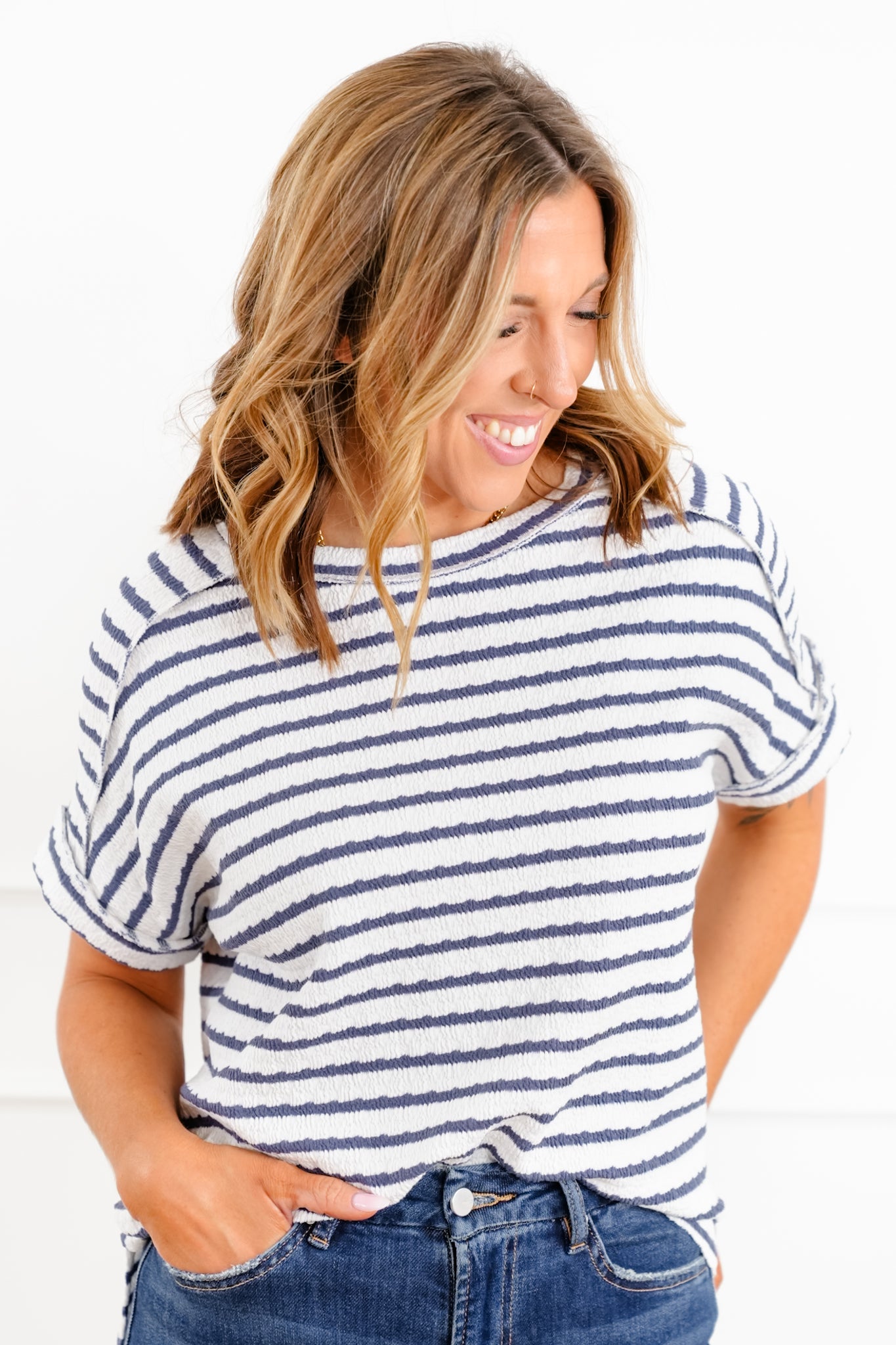 Door Buster! Plus/Reg Zenana Stripe Jacquard Round-Neck Box Tee