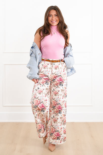 Floral Print High Waist Wide Leg Cuffed Pants