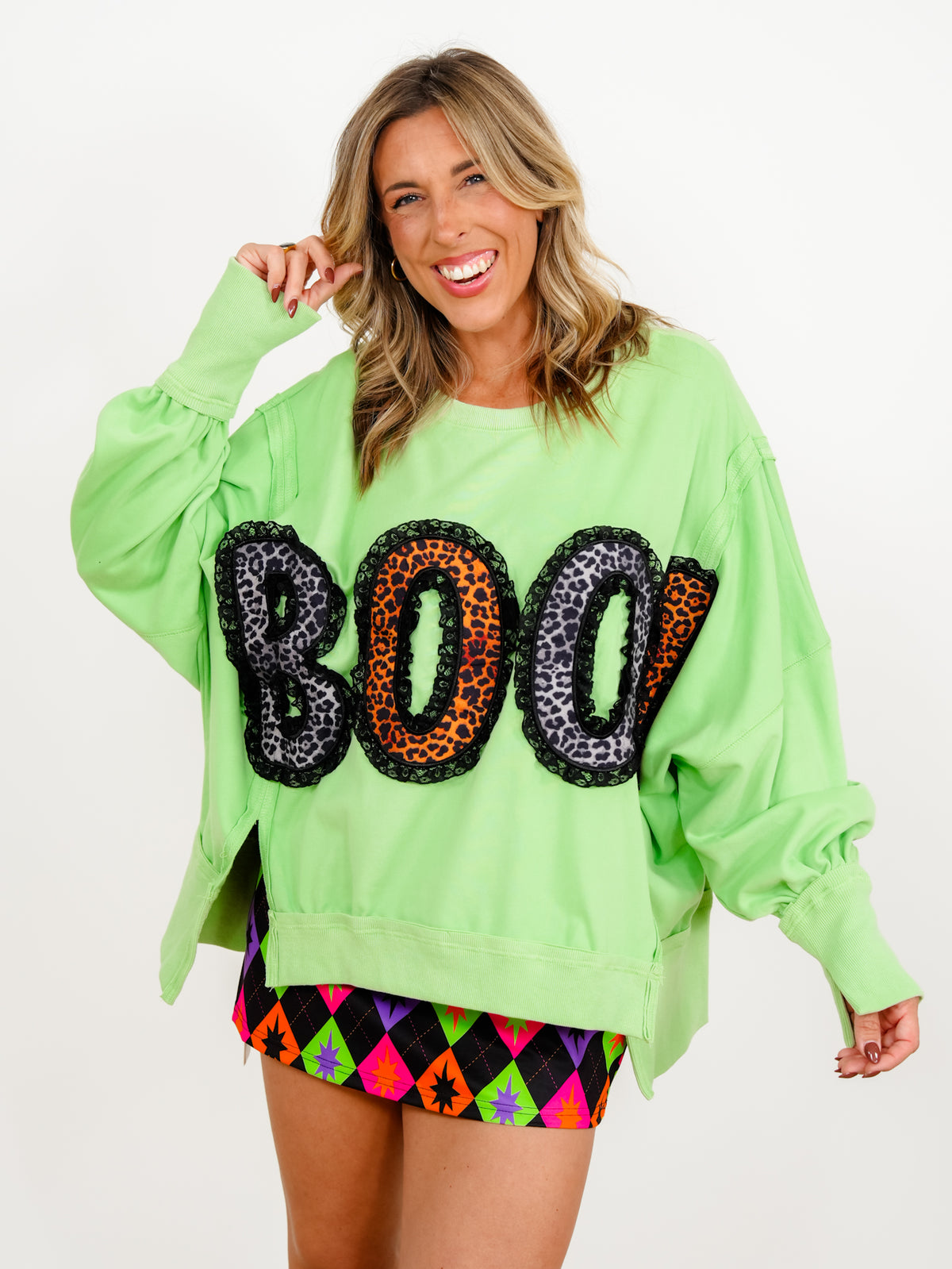 Leopard Print "Boo" Patch with Lace Detail Long Sleeve Sweatshirt