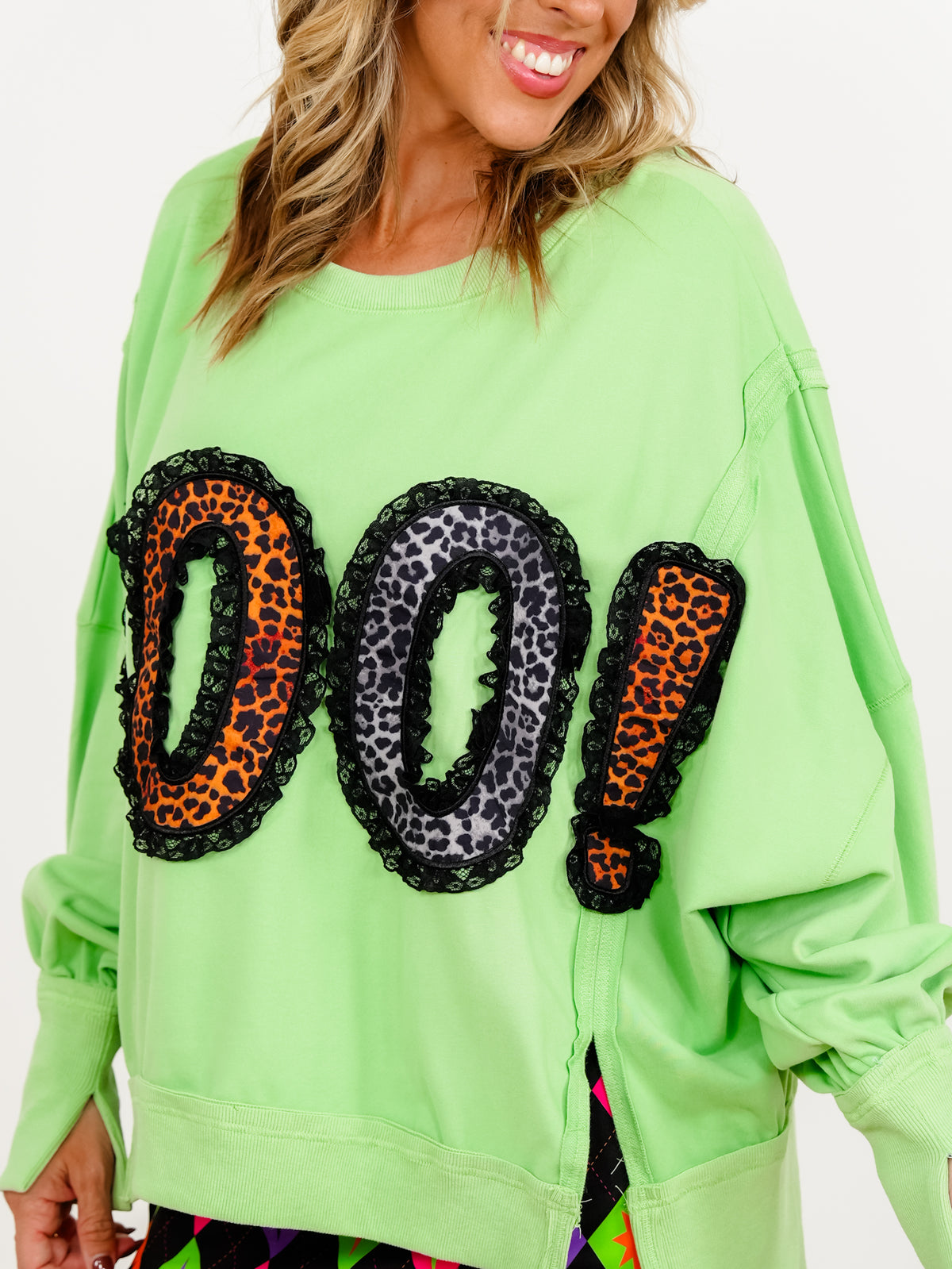 Leopard Print "Boo" Patch with Lace Detail Long Sleeve Sweatshirt