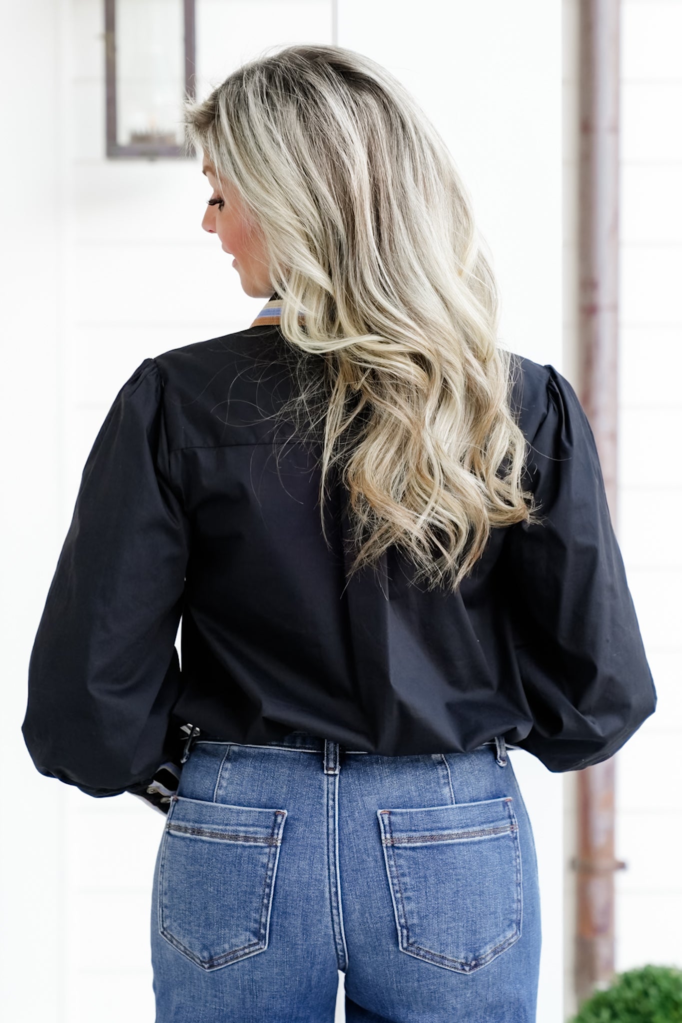 Long Sleeve Button Down Top with Embroidered Accents