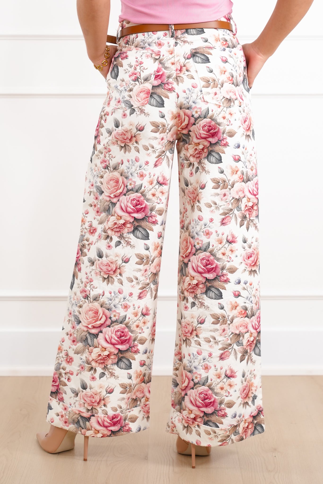 Floral Print High Waist Wide Leg Cuffed Pants