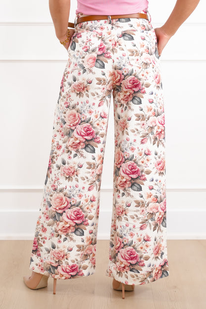 Floral Print High Waist Wide Leg Cuffed Pants