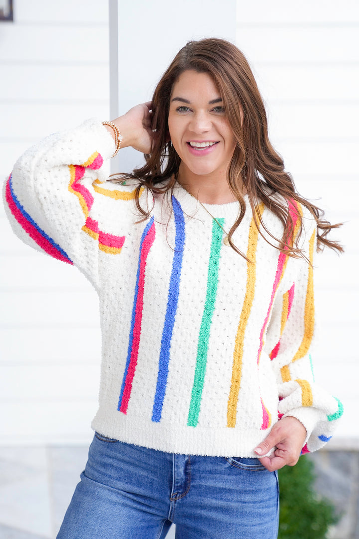 POL Stripe Long Sleeve Round Neck Sweater