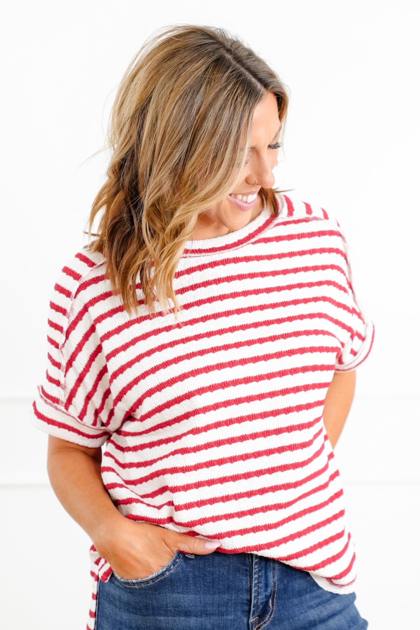 Door Buster! Plus/Reg Zenana Stripe Jacquard Round-Neck Box Tee