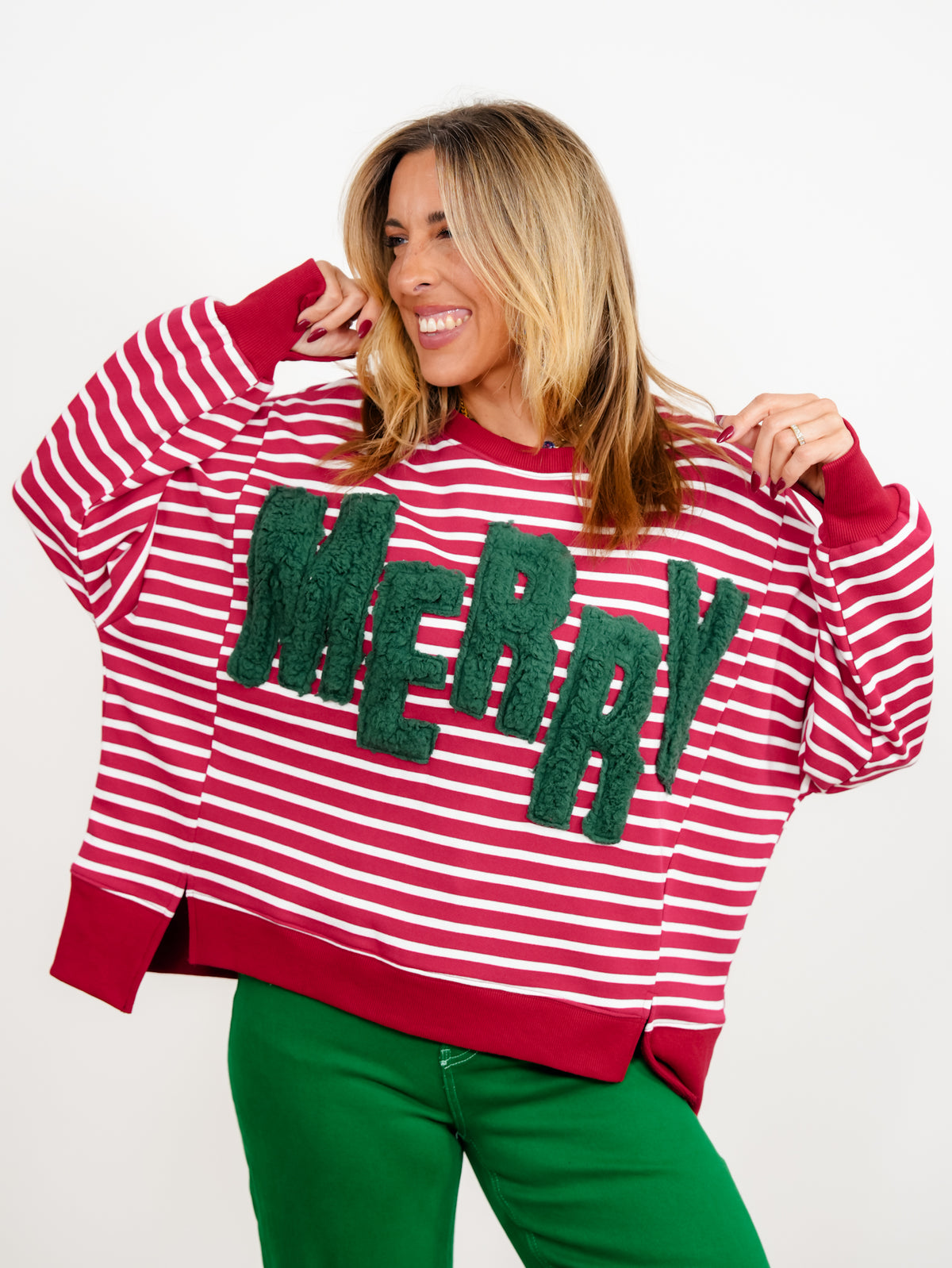 Plus/Reg Merry Sherpa Applique Striped Dolman Sleeve Pullover