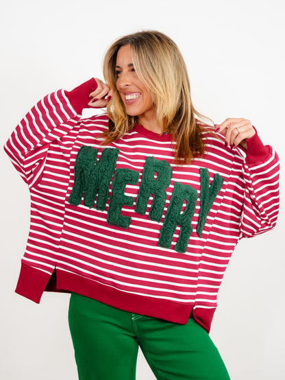 Plus/Reg Merry Sherpa Applique Striped Dolman Sleeve Pullover