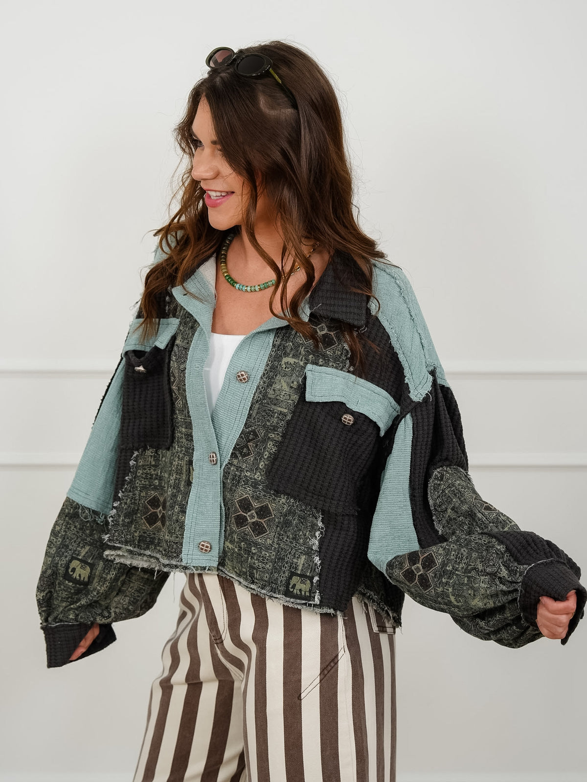 POL Paisley Pattern Long Sleeve Button Up Shacket - Freckled Poppy