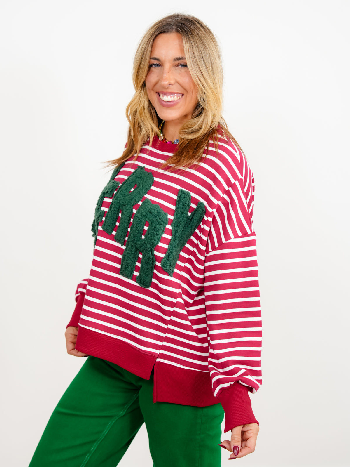 Plus/Reg Merry Sherpa Applique Striped Dolman Sleeve Pullover