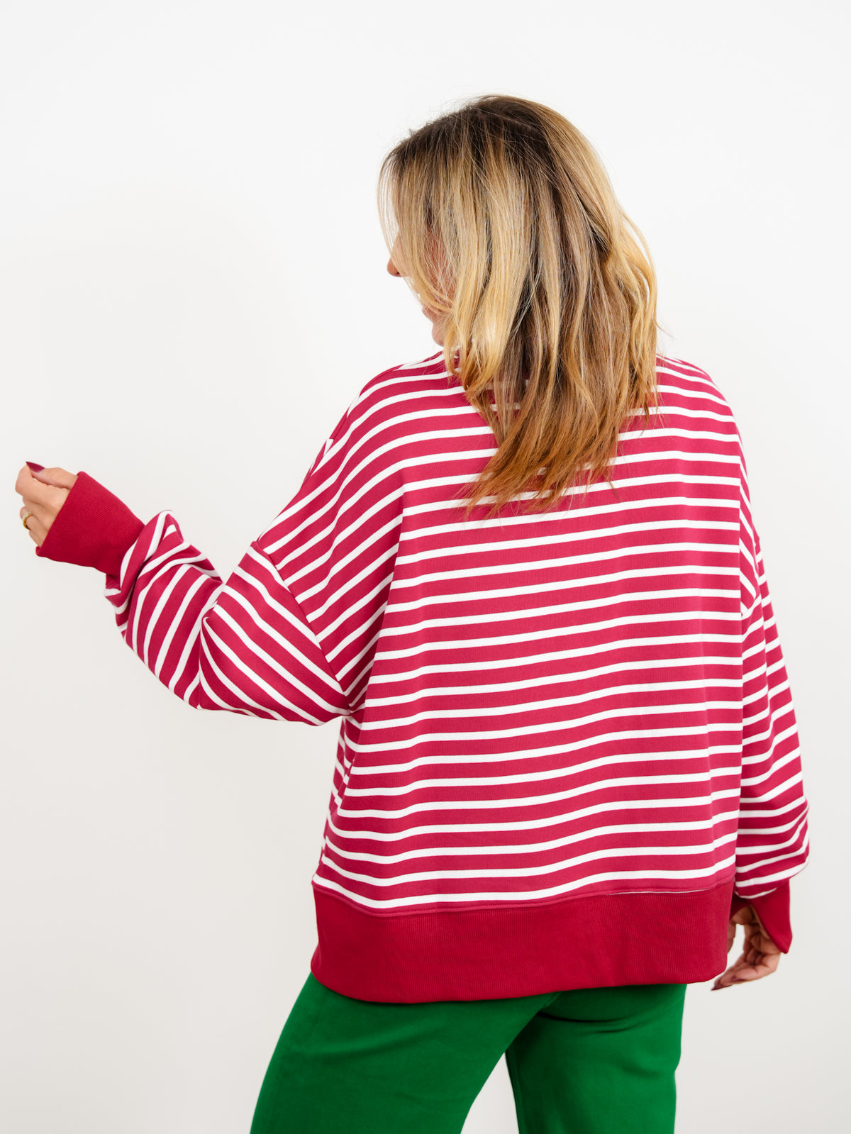 Plus/Reg Merry Sherpa Applique Striped Dolman Sleeve Pullover
