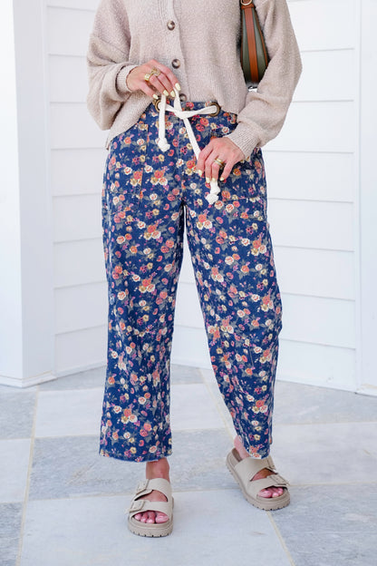 Floral Mineral Wash Pants with Braided Belt Detail