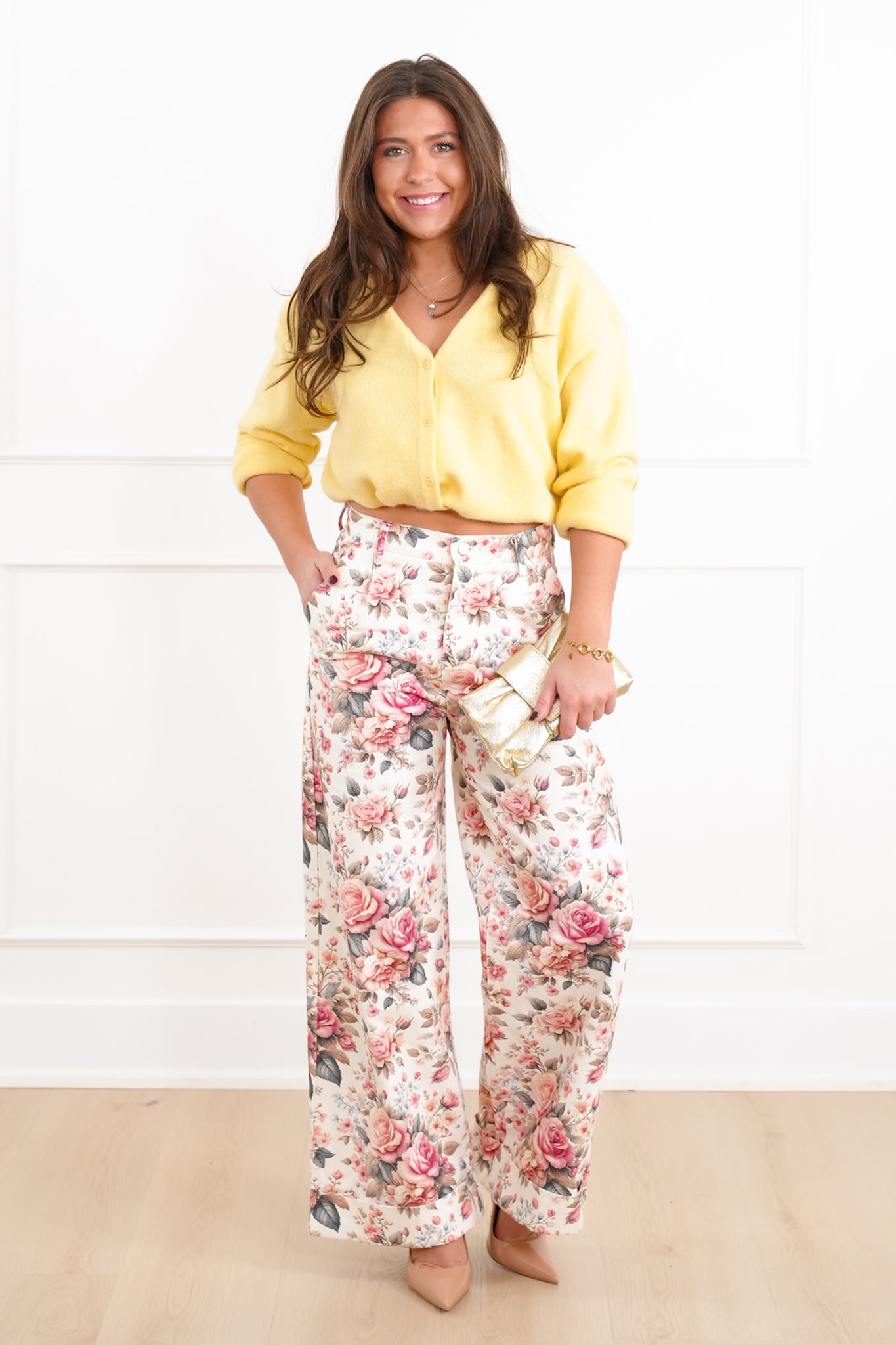 Floral Print High Waist Wide Leg Cuffed Pants