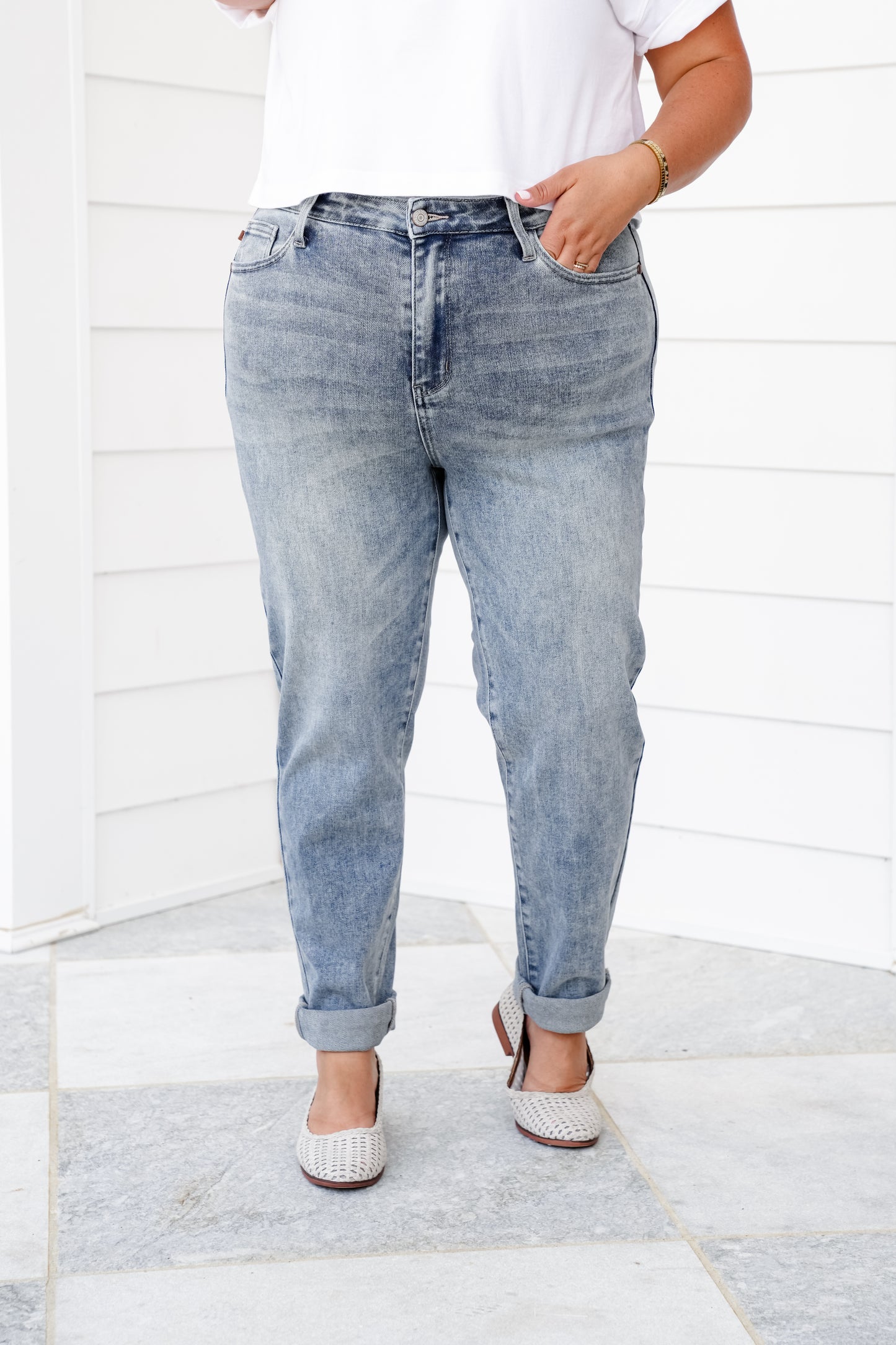 Judy Blue High Rise Medium Vintage Wash Boyfriend Double Roll Cuffed Jeans