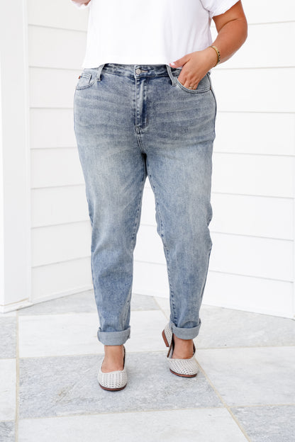 Judy Blue High Rise Medium Vintage Wash Boyfriend Double Roll Cuffed Jeans