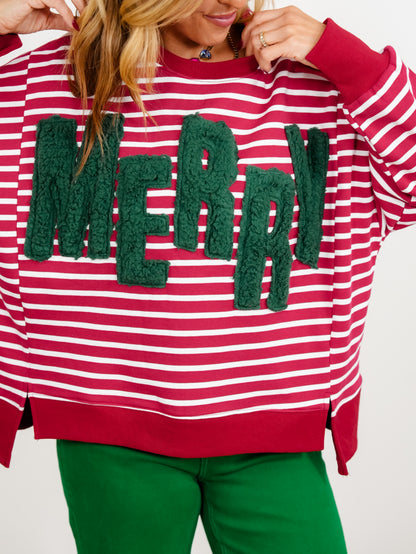 Plus/Reg Merry Sherpa Applique Striped Dolman Sleeve Pullover