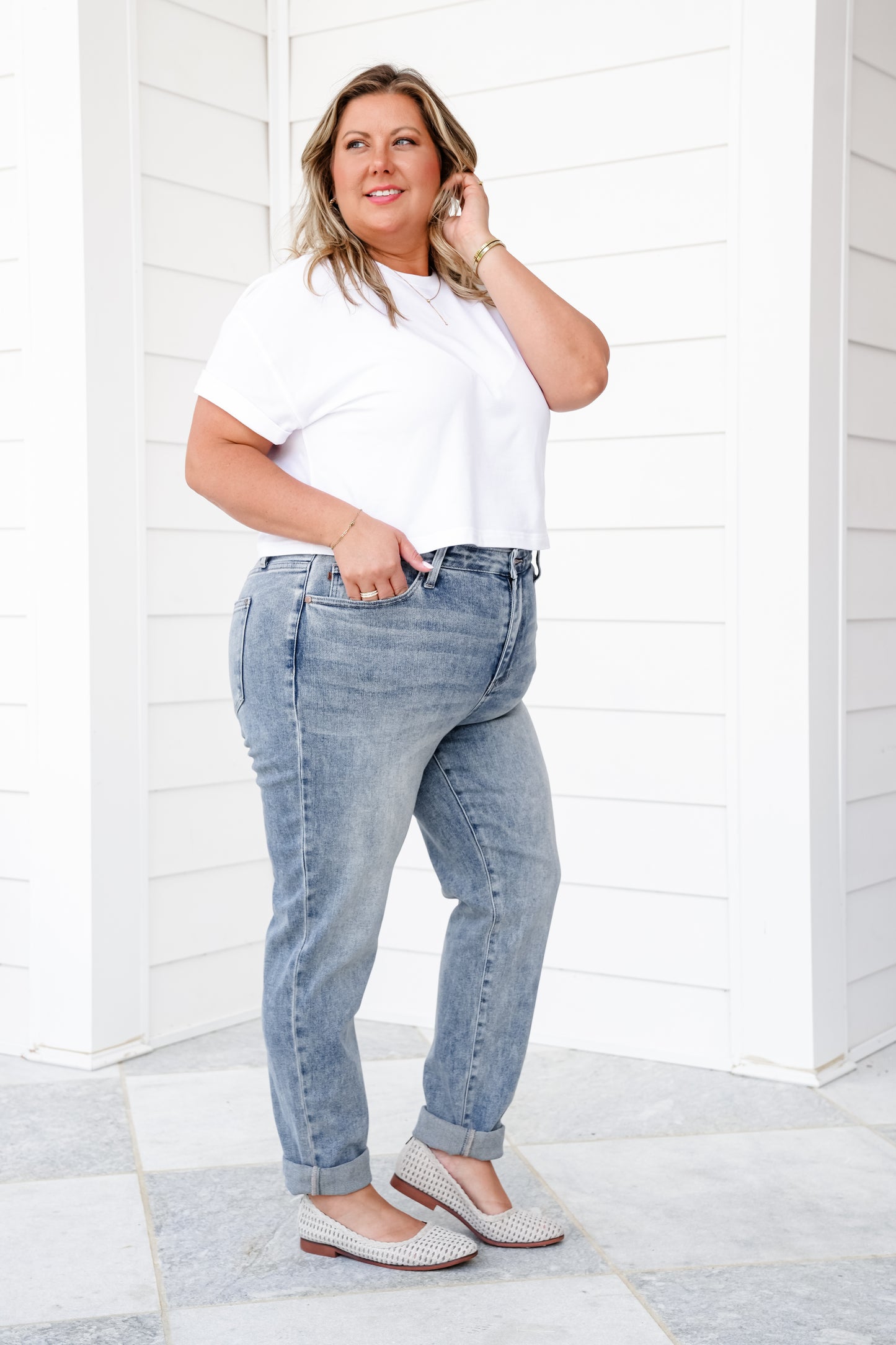 Judy Blue High Rise Medium Vintage Wash Boyfriend Double Roll Cuffed Jeans