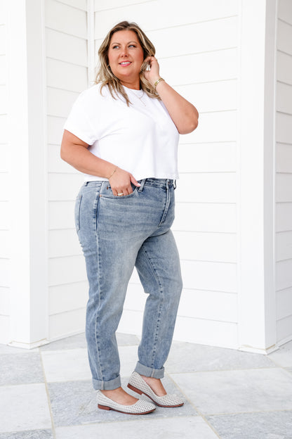 Judy Blue High Rise Medium Vintage Wash Boyfriend Double Roll Cuffed Jeans