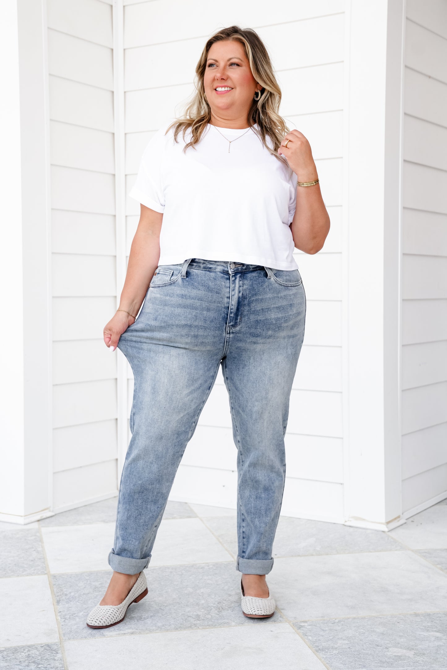 Judy Blue High Rise Medium Vintage Wash Boyfriend Double Roll Cuffed Jeans