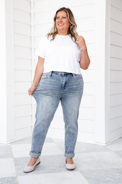 Judy Blue High Rise Medium Vintage Wash Boyfriend Double Roll Cuffed Jeans